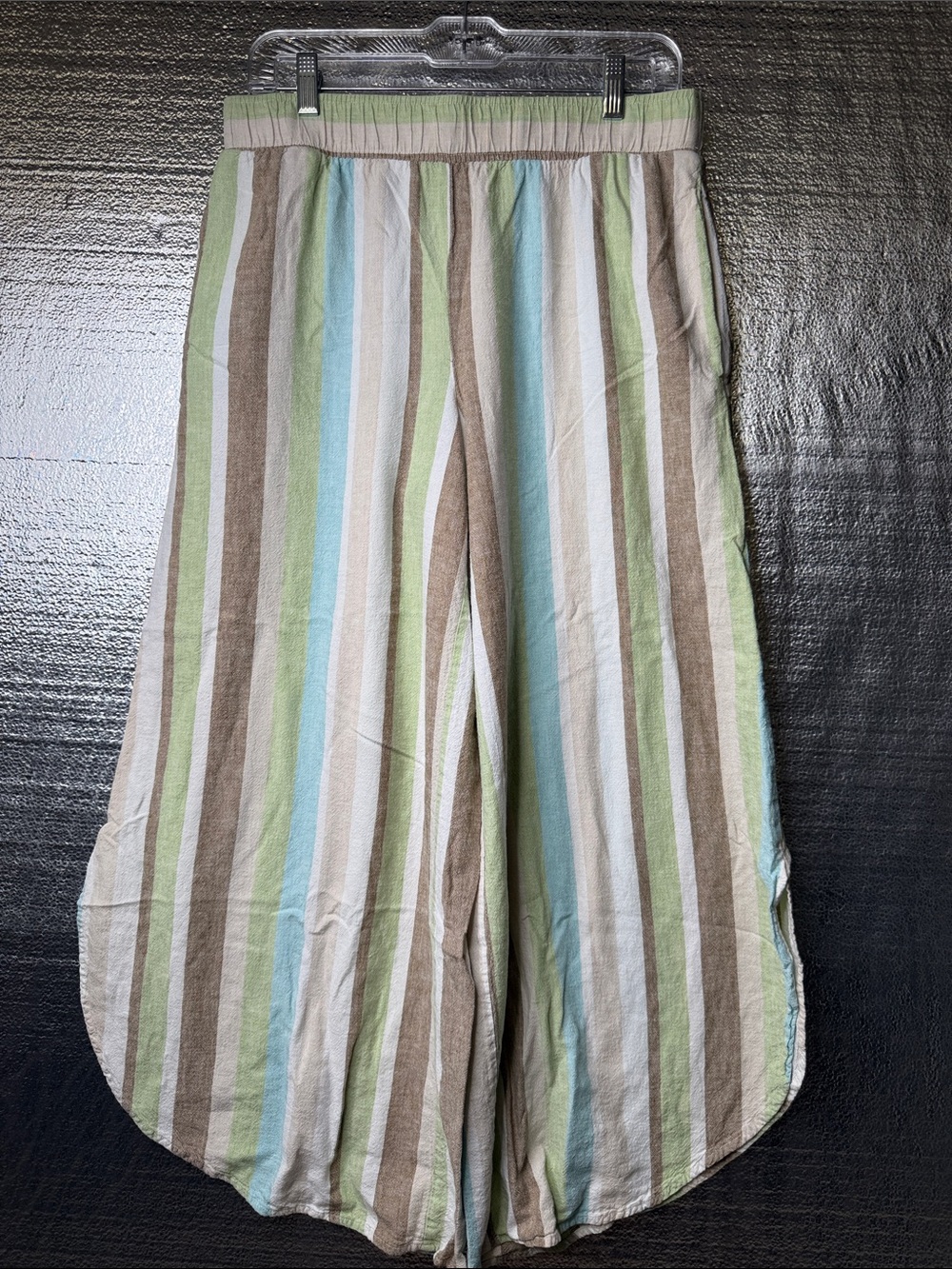 Cato Striped Linen Blend Wide-Leg Pants in Green, Blue & Tan